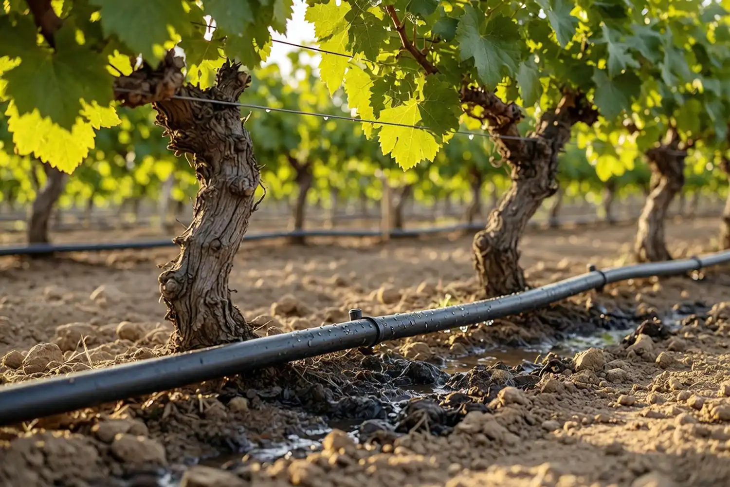 Drip irrigation line delivering water to the root zone at the base of grapevines, the best way to water grapes