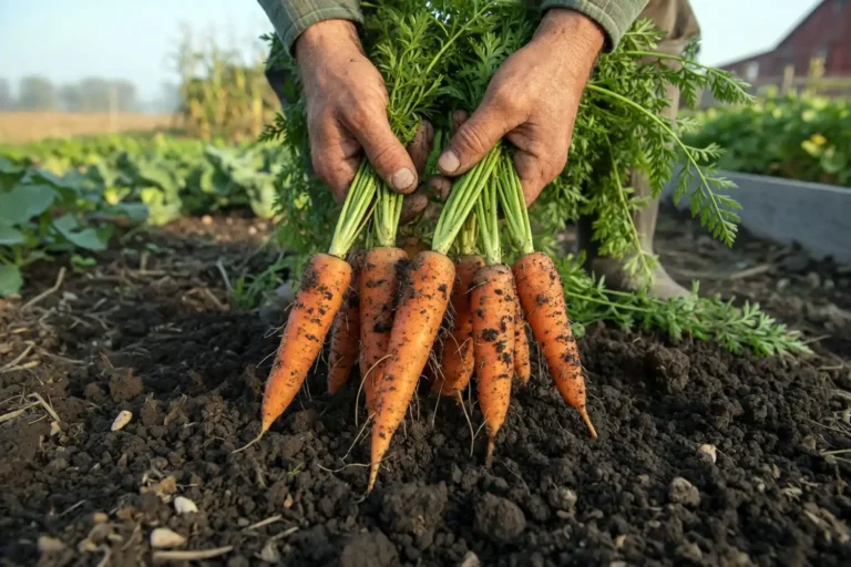 farmer pulling healthy carrots from loose soil, showing carrots are not hard to grow with the right setup