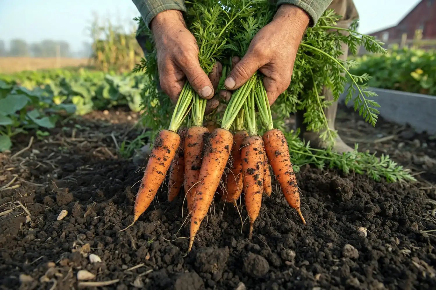 farmer pulling healthy carrots from loose soil, showing carrots are not hard to grow with the right setup
