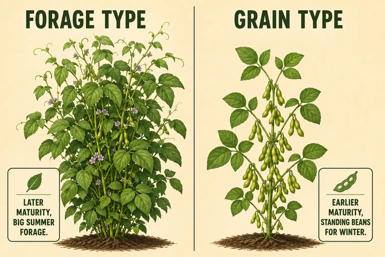 Comparison infographic of forage soybeans versus grain soybeans for deer food plots showing plant shape and maturity differences.