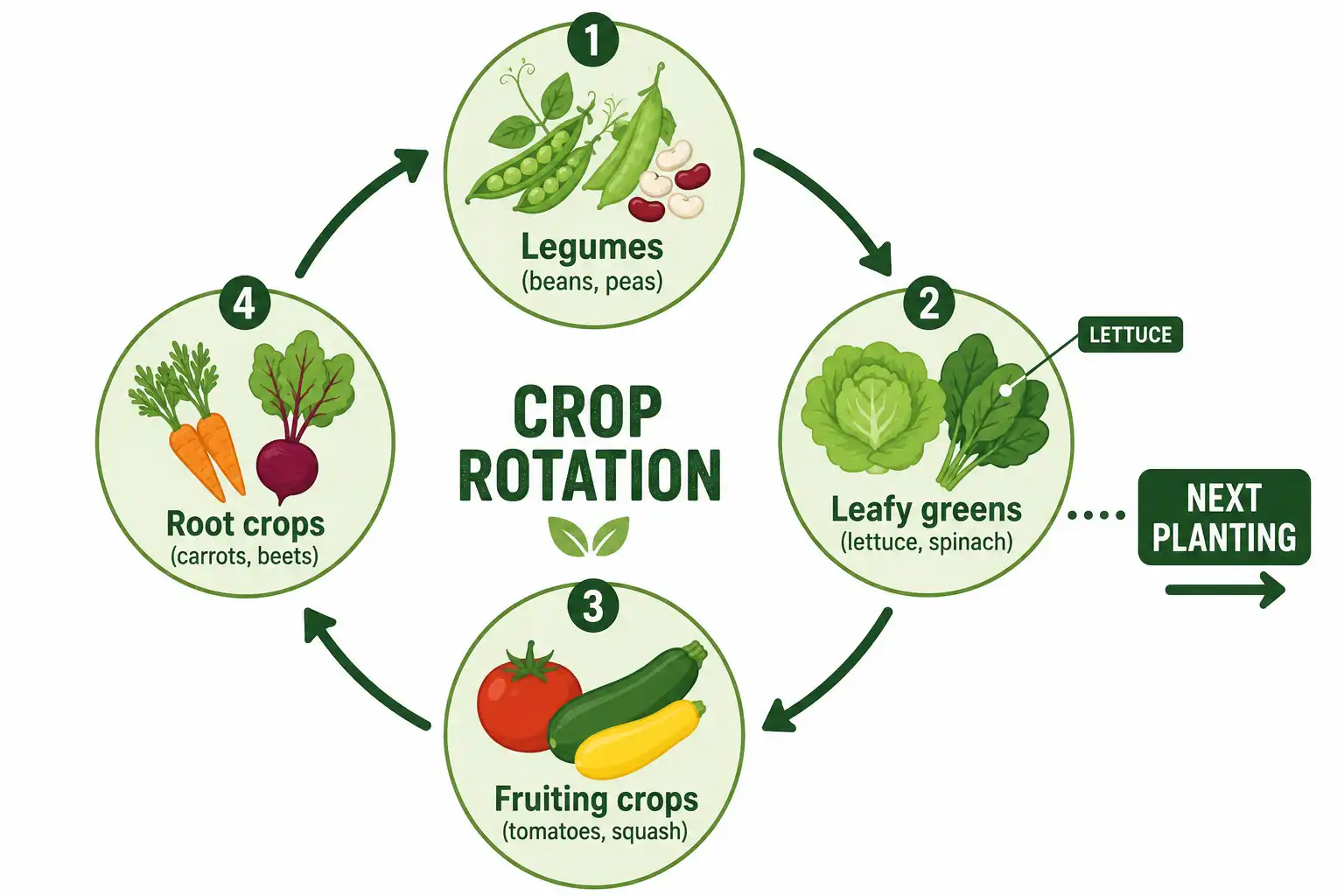 Four-stage crop rotation cycle of lettuce in the leafy group followed by fruiting and root crops.