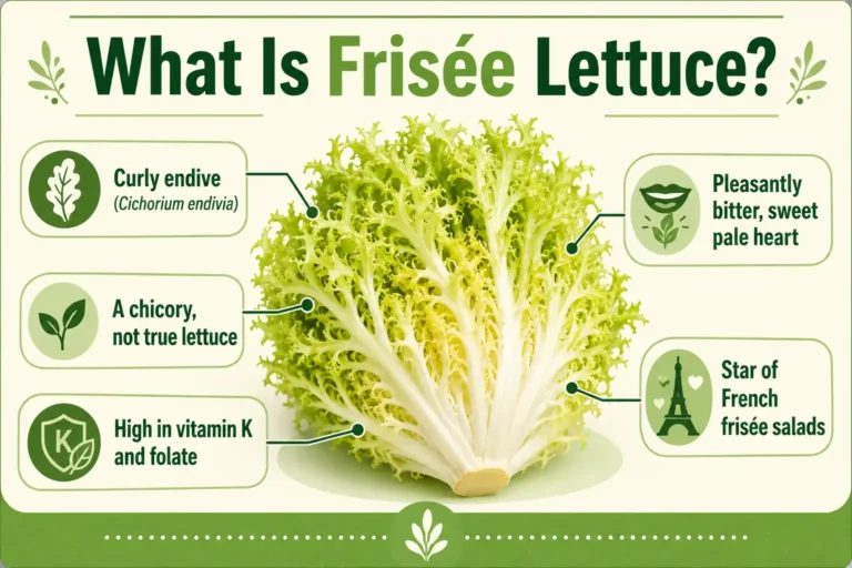 Infographic on frisée lettuce, it is curly endive, a bitter chicory green, and not true lettuce