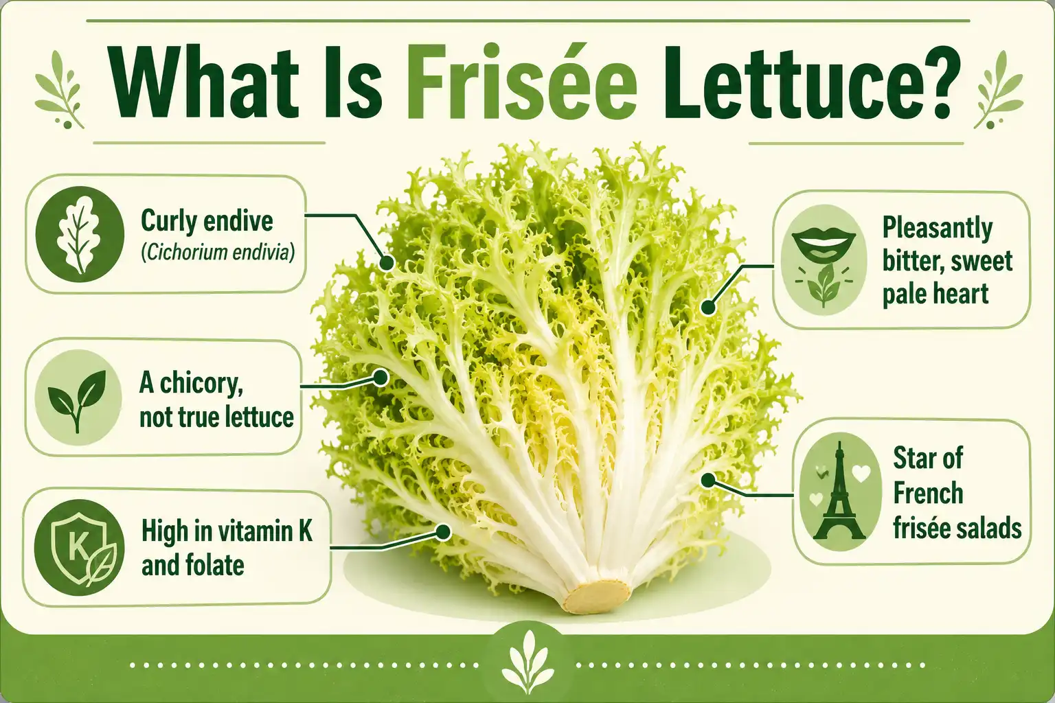 Infographic on frisée lettuce, it is curly endive, a bitter chicory green, and not true lettuce