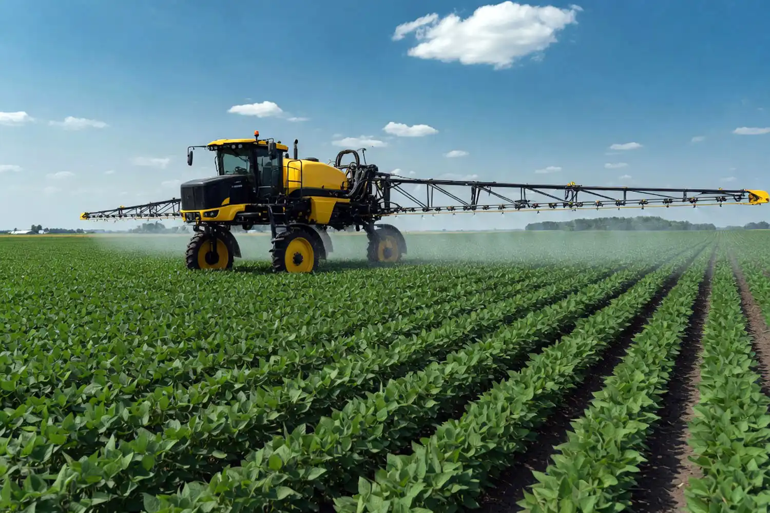 Self-propelled sprayer applying fungicide over a green soybean field