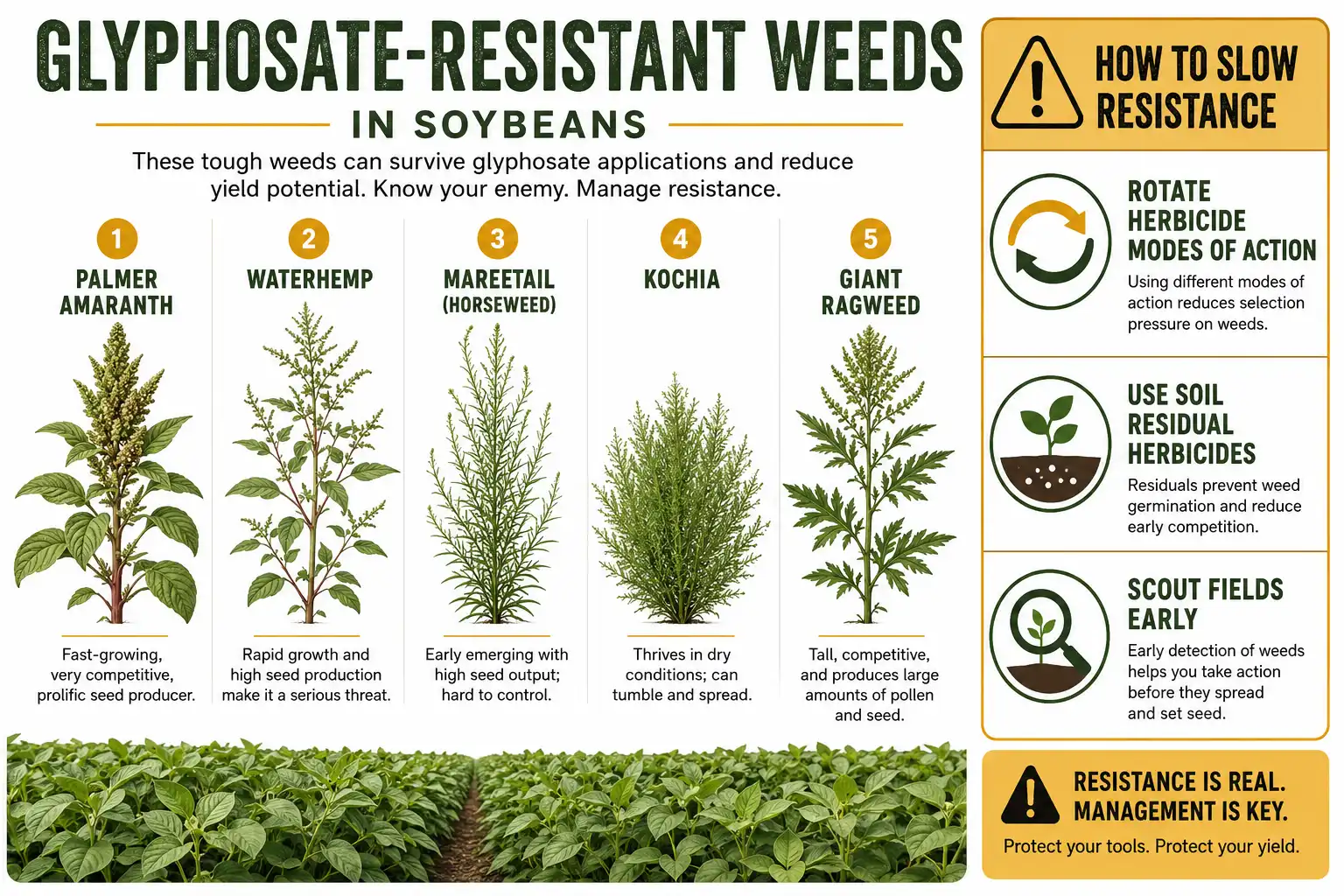 Infographic of common glyphosate-resistant weeds in soybeans and practices that slow herbicide resistance