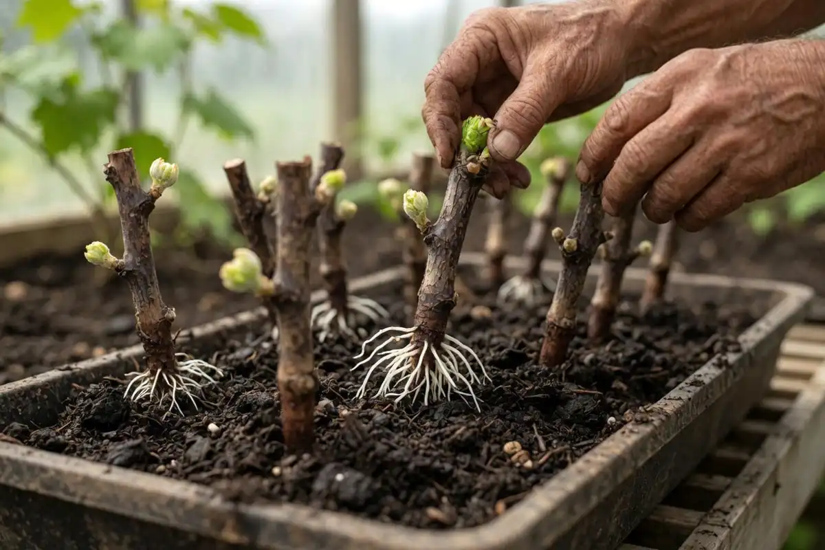 Grapevine cuttings rooting in a tray, the way growers clone seedless vines