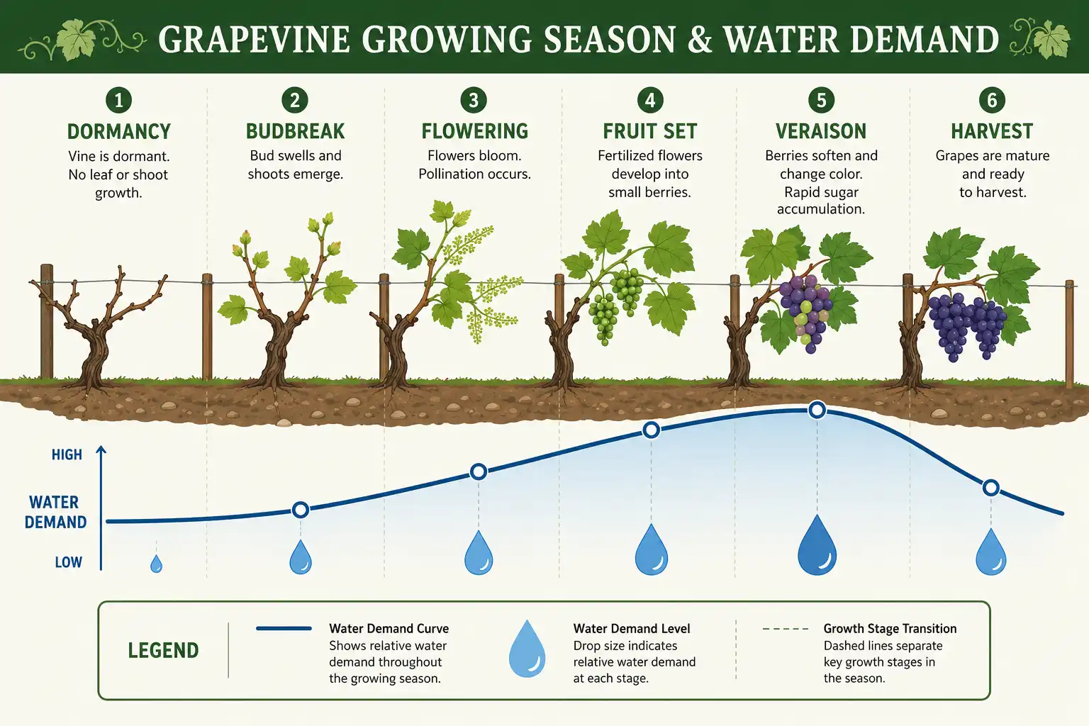 Timeline infographic of grapevine water needs by growth stage, peaking near veraison and lowest in winter dormancy