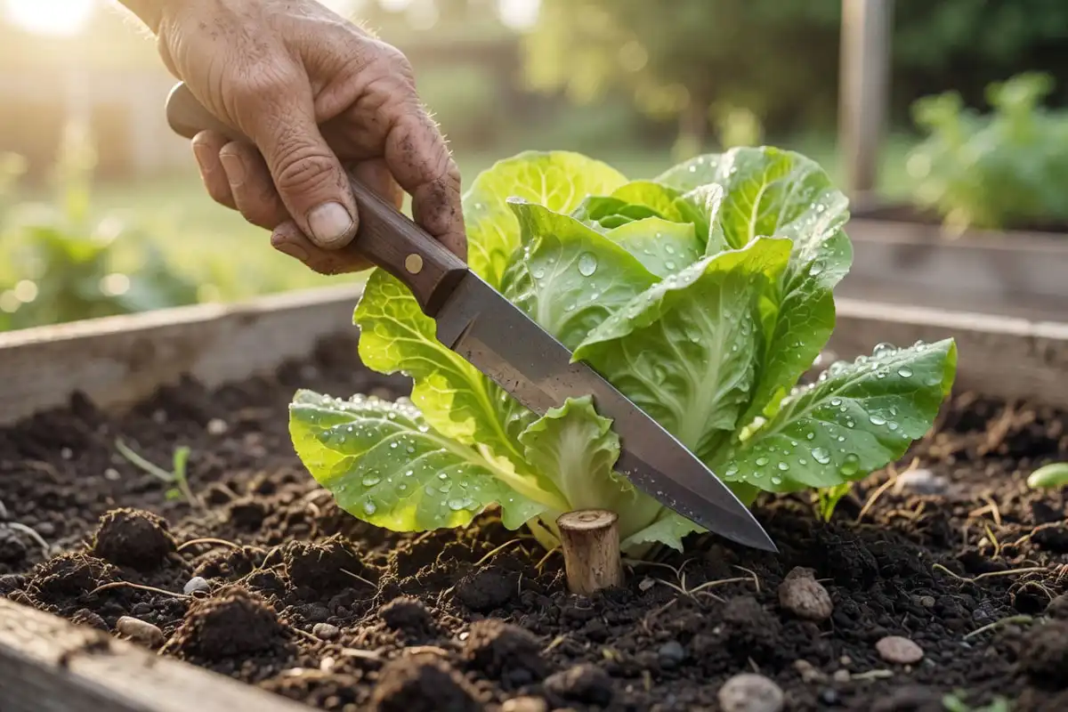 Cutting a whole head of lettuce one inch above the soil with a sharp knife.