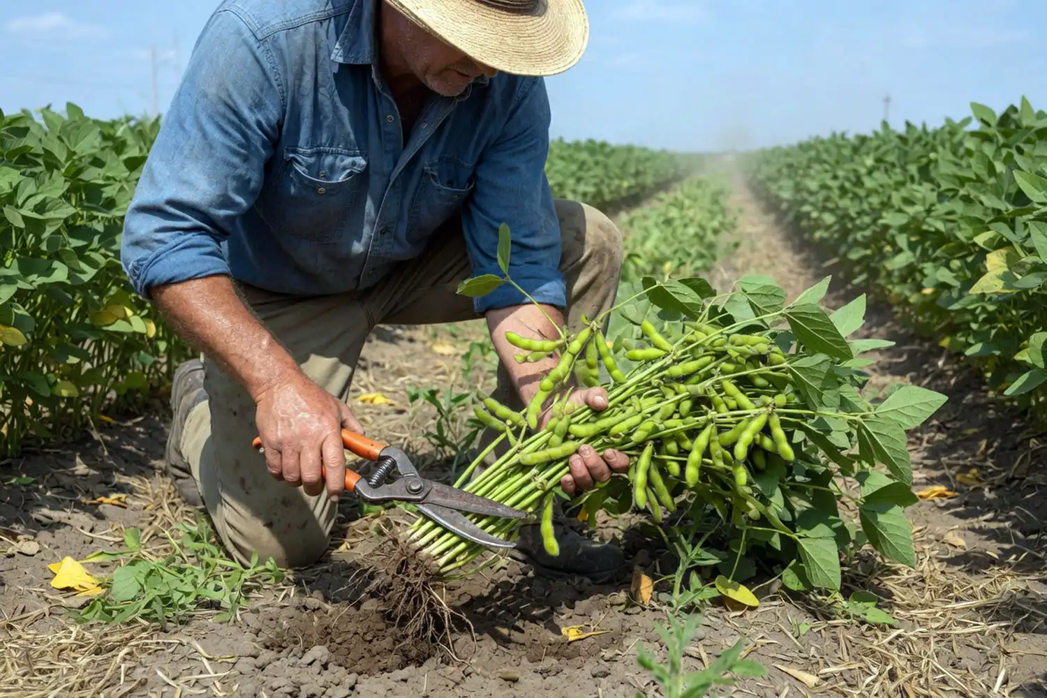 Farmer cutting a whole edamame plant at the base to harvest all the green pods at once