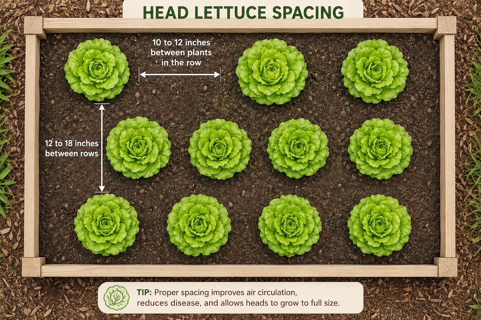 Diagram of correct head lettuce spacing, 10 to 12 inches between plants and 12 to 18 inches between rows.