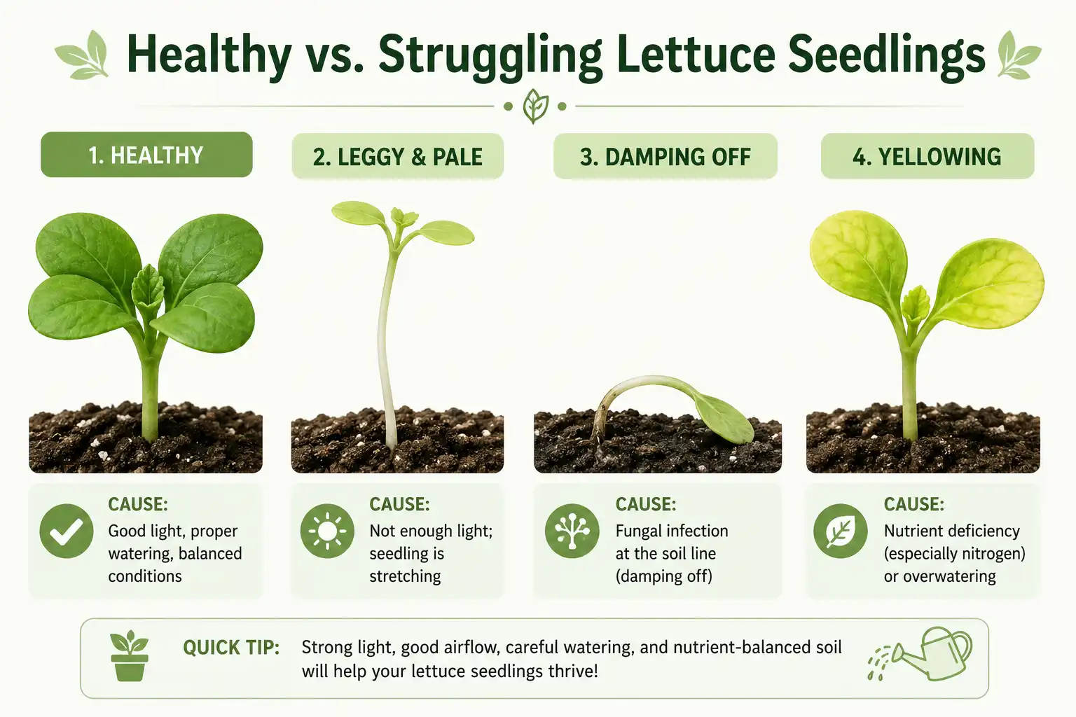 Infographic on a healthy lettuce seedling with leggy, damping off, and yellowing seedlings