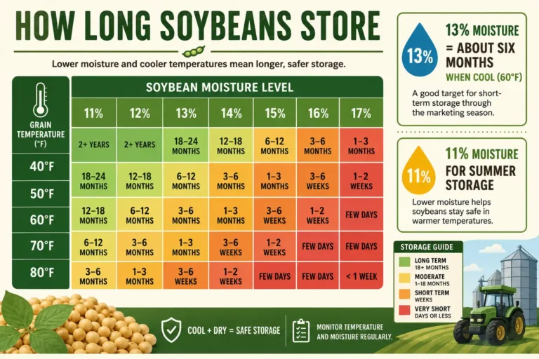 Infographic of how long soybeans can be stored at different moisture levels and grain temperatures