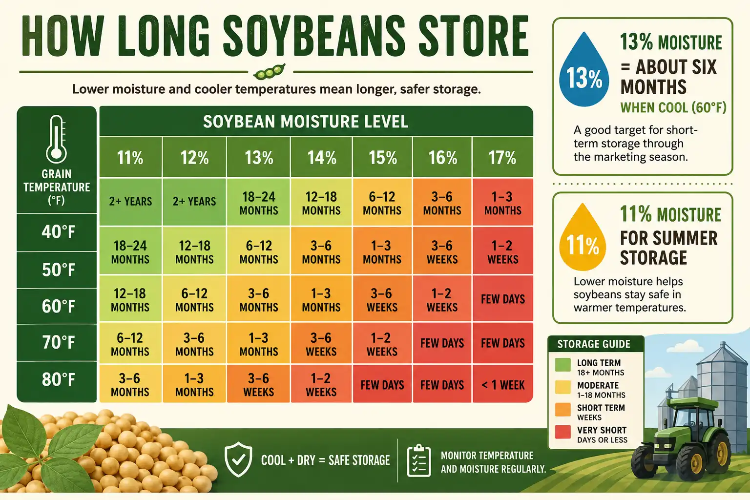 Infographic of how long soybeans can be stored at different moisture levels and grain temperatures