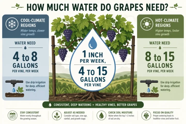 Infographic on how much water grapes need each week, about one inch or 4 to 15 gallons per vine by climate