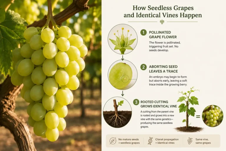 Infographic of how do they make seedless grapes through early seed abortion and rooted cuttings