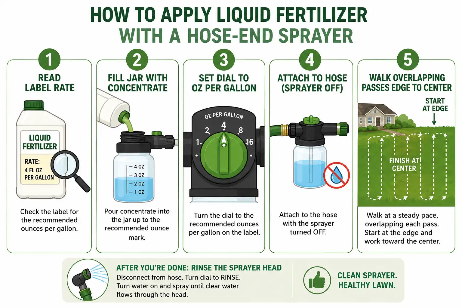 steps for applying liquid fertilizer with a hose end sprayer using overlapping passes