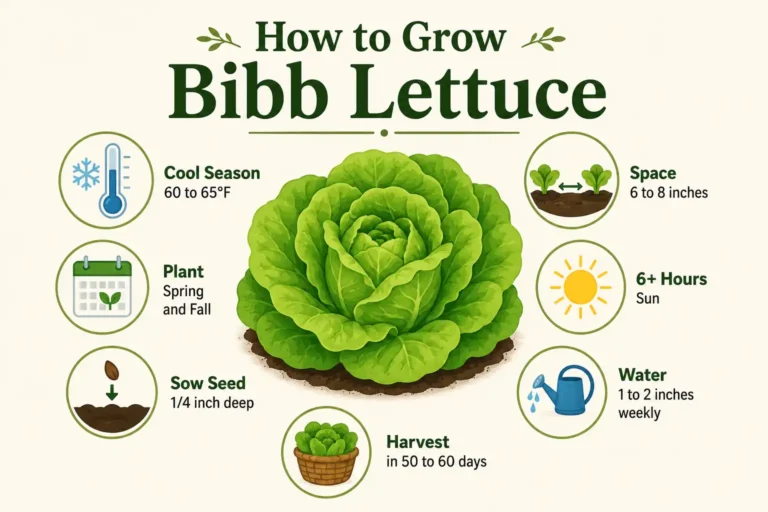 Infographic of how to grow bibb lettuce, including cool-season timing, seed depth, spacing, sunlight, water, and harvest days.