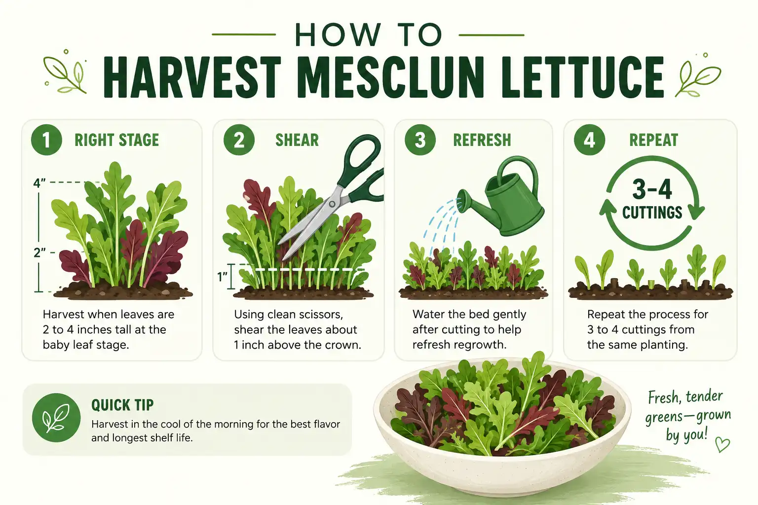 Infographic on how to harvest mesclun lettuce by cutting baby leaves above the crown