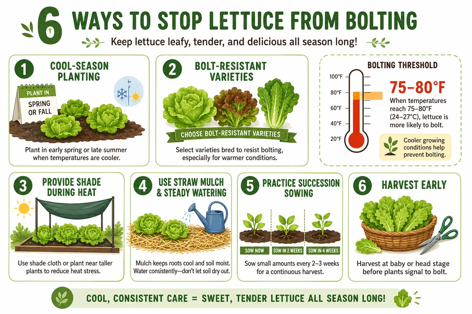 Infographic on how to prevent lettuce from bolting using cool-season timing, shade, mulch, steady water, slow-bolt varieties, and early harvest