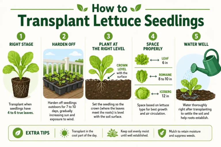 Infographic of how to transplant lettuce seedlings, from four to six true leaves and hardening off to crown depth, spacing by type, and watering in.