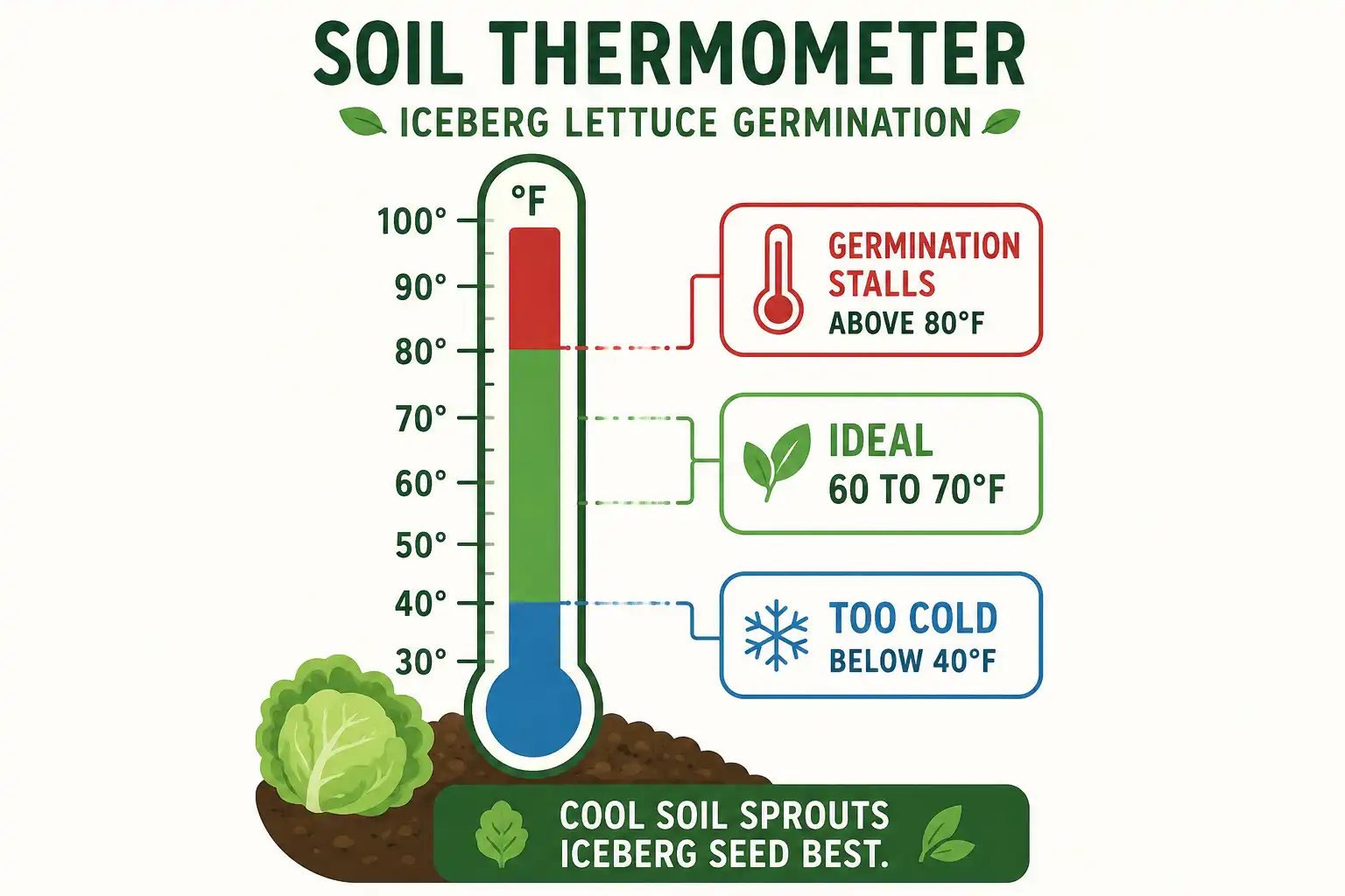 Infographic chart of the ideal soil temperature range of 60 to 70°F for germinating iceberg lettuce seed.