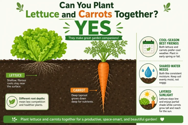 Infographic of lettuce and carrots planted together with shallow lettuce roots above a deep carrot taproot in one garden bed