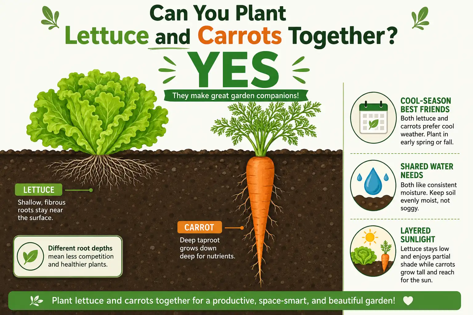 Infographic of lettuce and carrots planted together with shallow lettuce roots above a deep carrot taproot in one garden bed