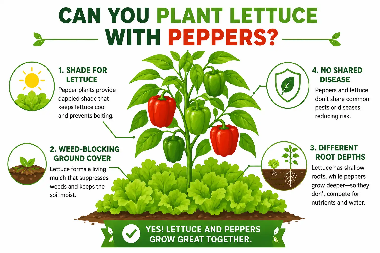 Infographic guide of plant lettuce with peppers, with lettuce as ground cover under a pepper plant and four labeled companion benefits