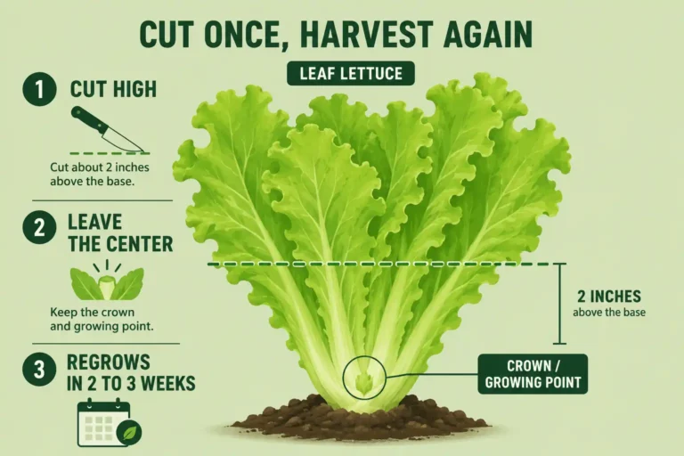 Infographic of how to cut lettuce so it keeps growing by cutting leaves two inches above the crown and leaving the growing point intact.
