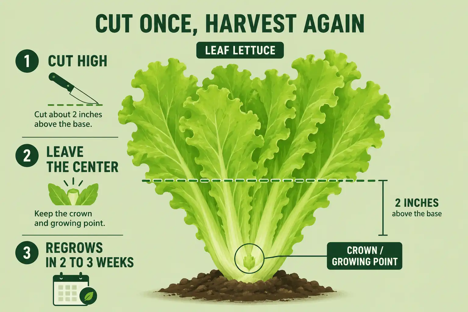 Infographic of how to cut lettuce so it keeps growing by cutting leaves two inches above the crown and leaving the growing point intact.