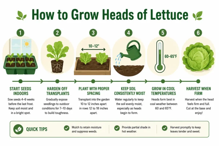 Infographic of how to grow heads of lettuce from seed tray to firm harvested head with spacing and temperature tips.