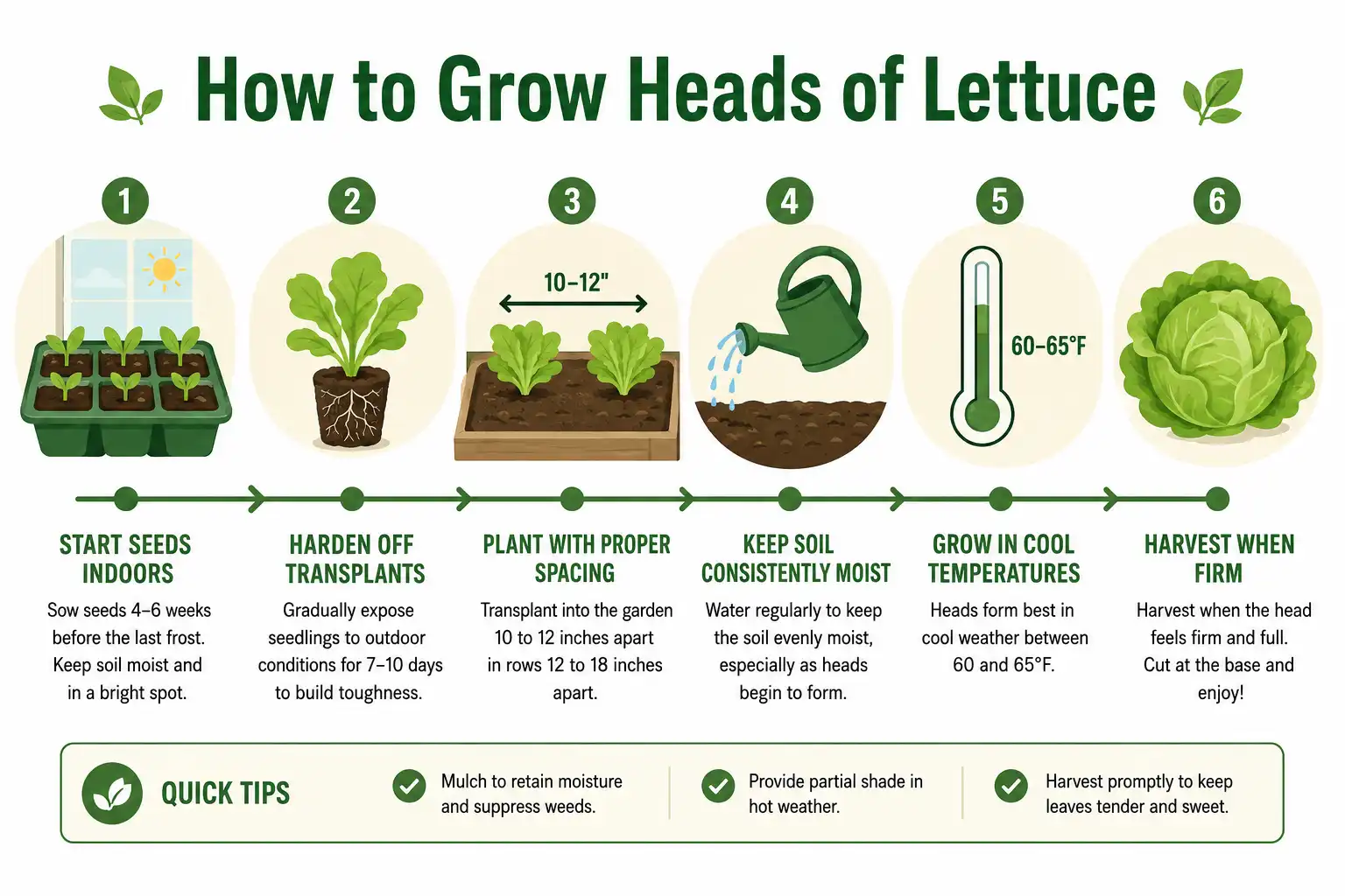 Infographic of how to grow heads of lettuce from seed tray to firm harvested head with spacing and temperature tips.