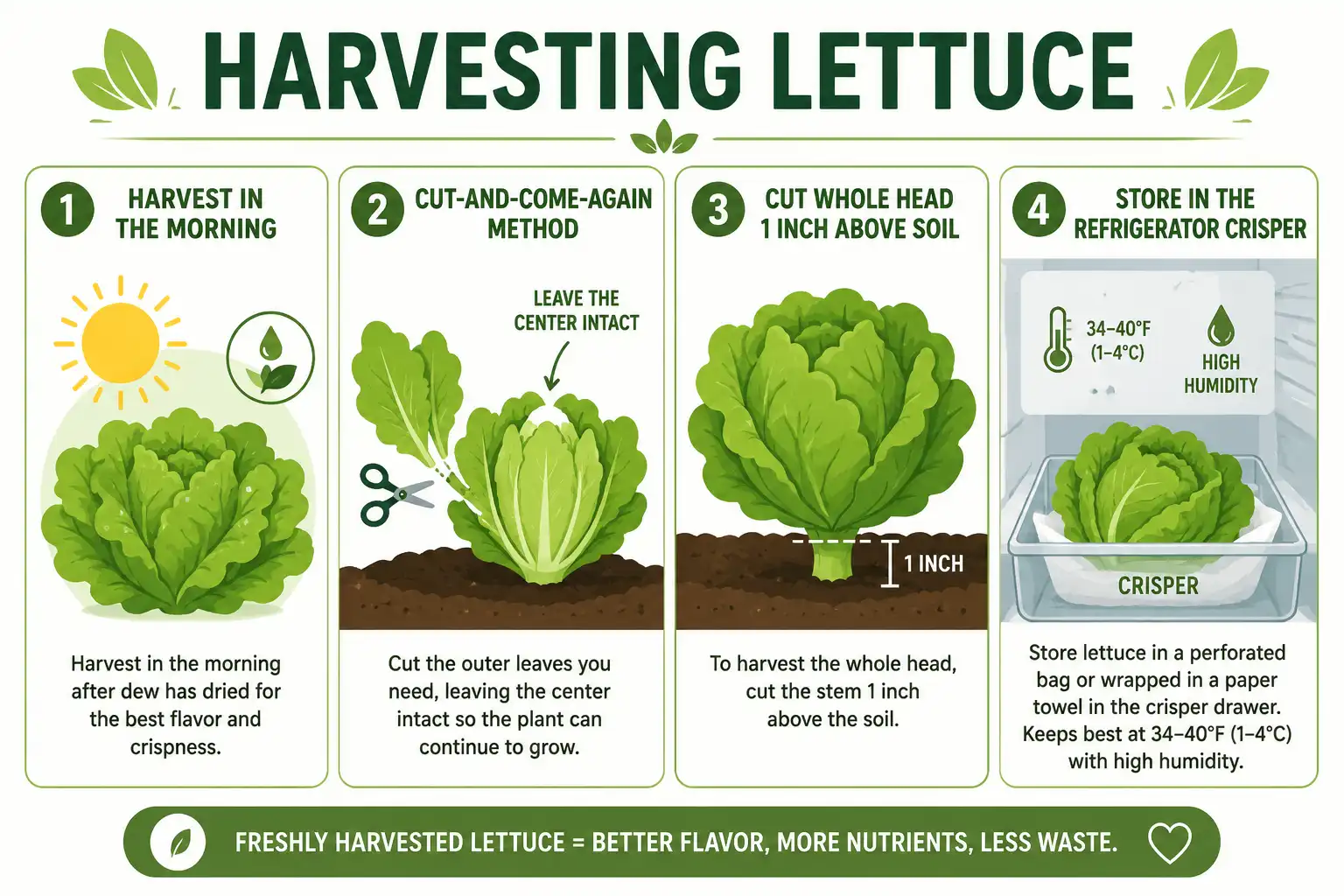 Infographic of how to harvest lettuce from your garden by timing, cutting outer leaves, and storing the greens.