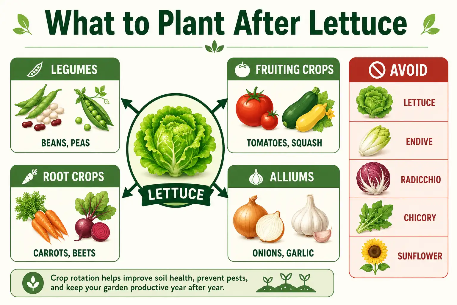 Infographic guide of what to plant after lettuce, including legumes, fruiting crops, root crops, and alliums, with daisy-family crops to avoid.