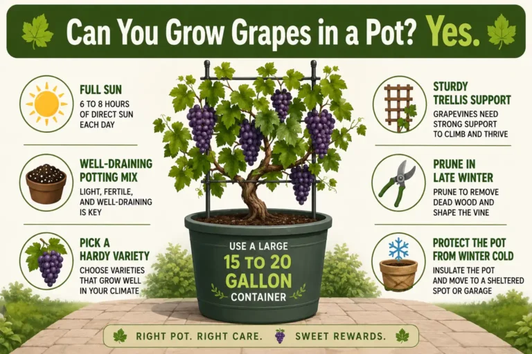 Infographic on grow grapes in a pot with the right container size, full sun, a trellis, winter pruning, and root protection