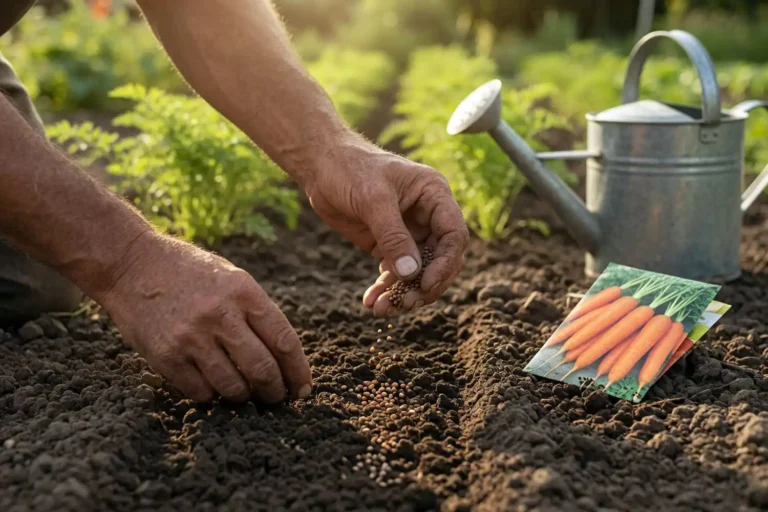 Planting carrots in July into a prepared soil bed for a fall harvest
