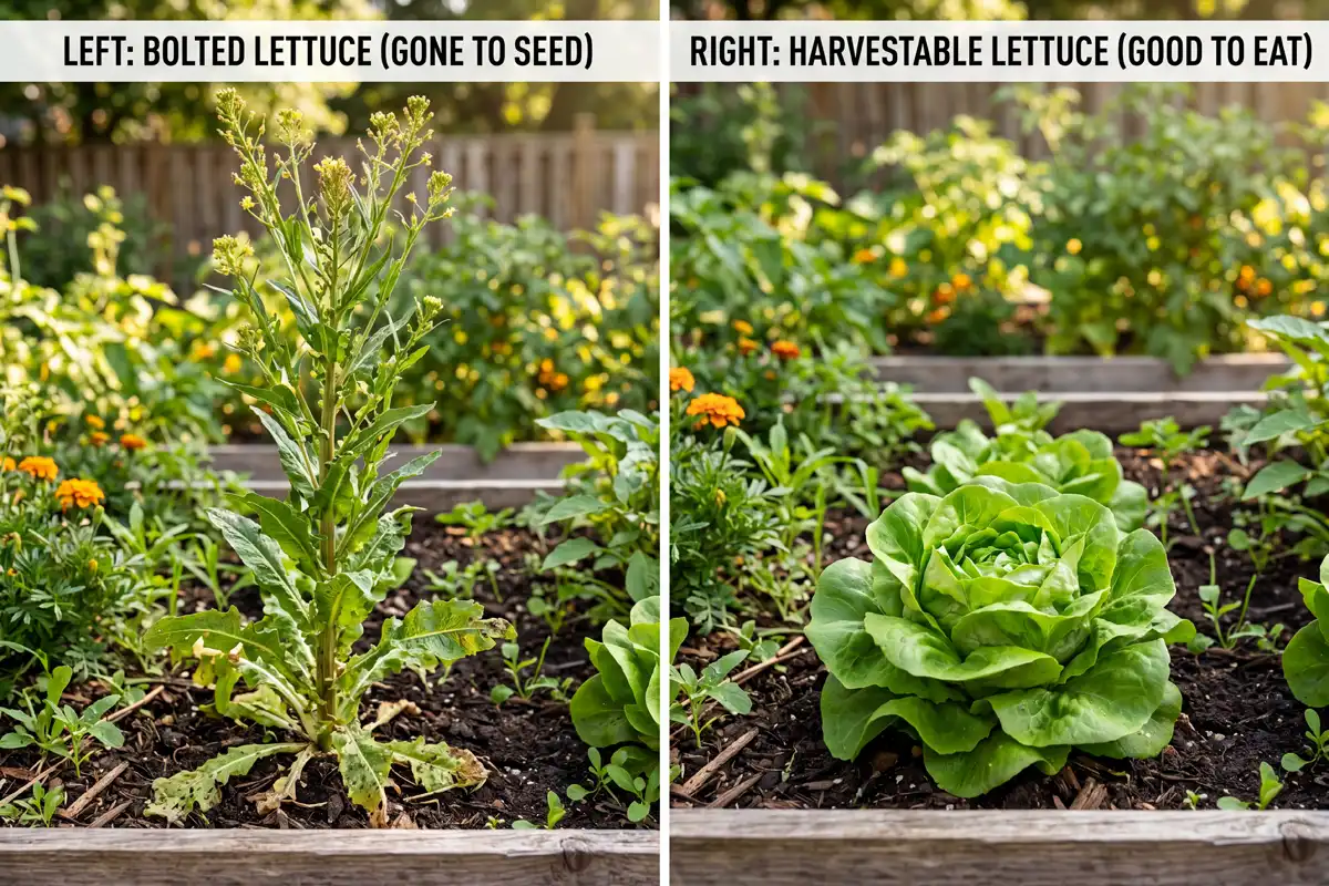 Comparison of a bolted lettuce plant with a tall flower stalk next to a firm, leafy head, showing what bolting looks like in hot Kentucky summers.