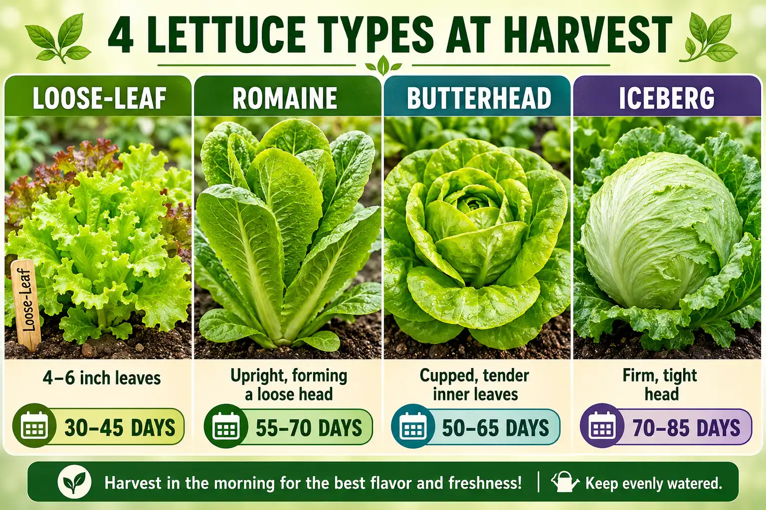 Comparison chart of leaf, romaine, butterhead, and iceberg lettuce at the right stage to harvest.