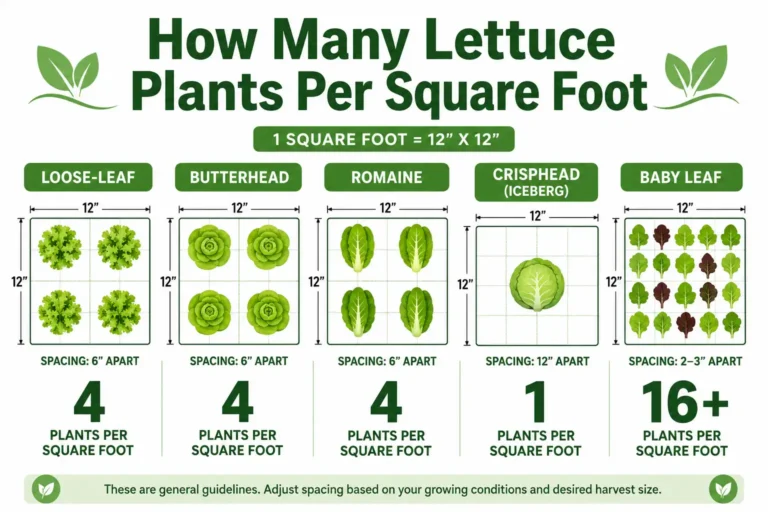 Infographic guide of how many lettuce plants per square foot, with four leaf, butterhead, or romaine and one iceberg per square.