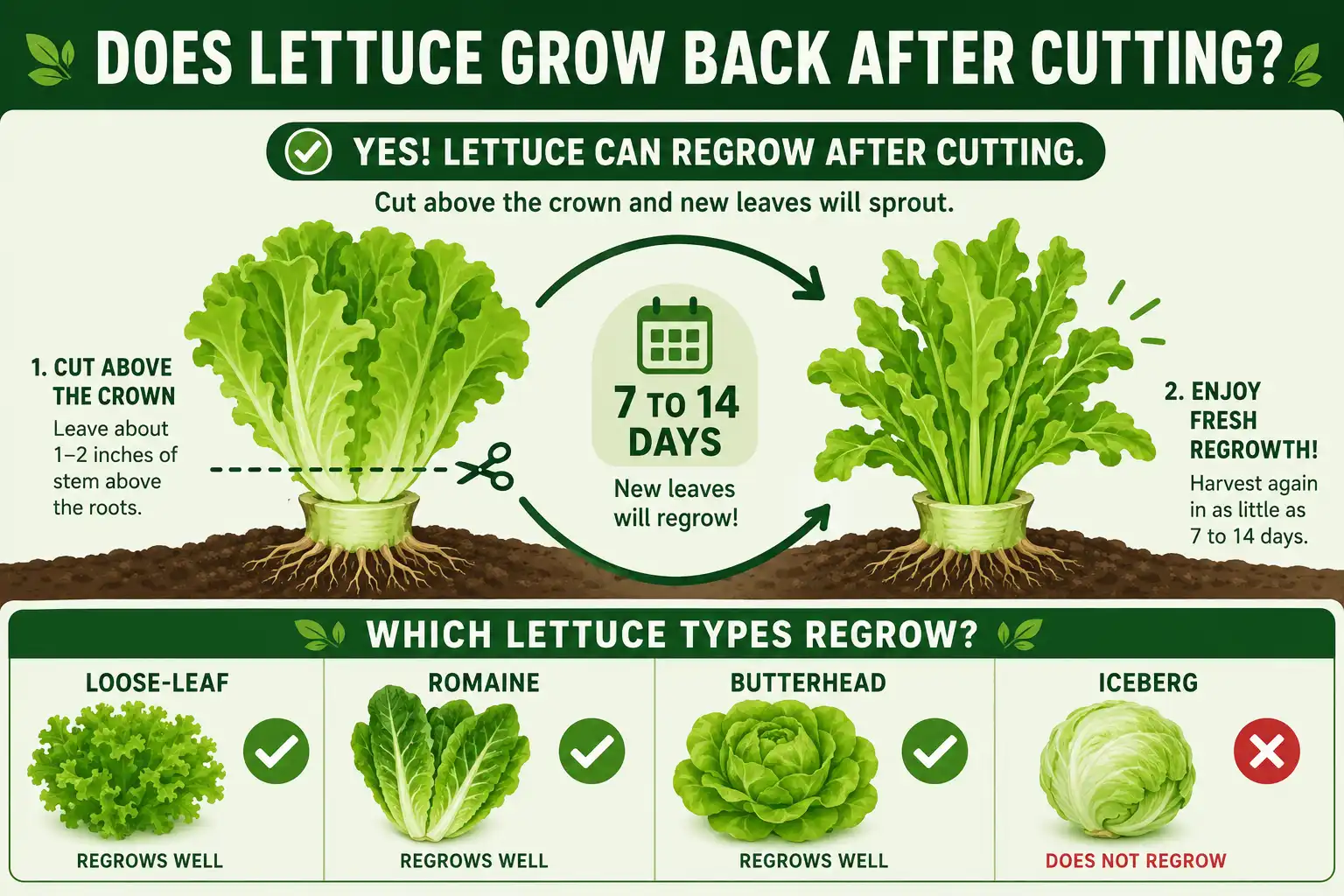 Infographic of does lettuce grow back after cutting, about regrowth from the crown in 7 to 14 days and loose-leaf, romaine, and butterhead regrowing while iceberg does not