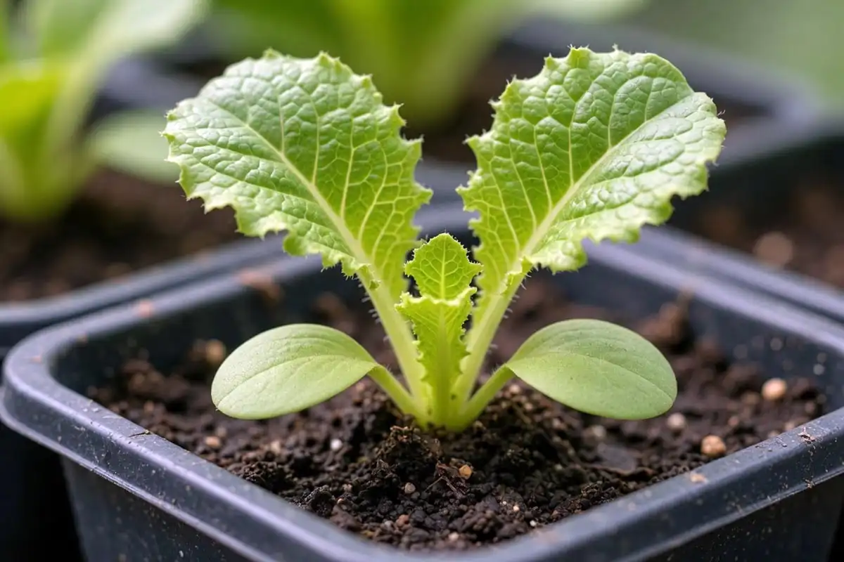 Lettuce seedling on crinkled true leaves growing above the smooth cotyledons