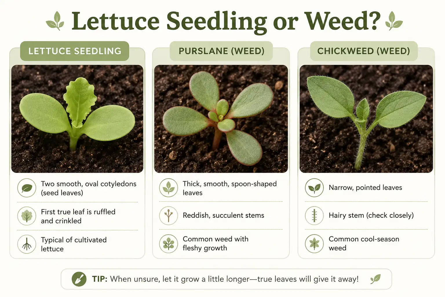 Comparison infographic on lettuce seedlings next to purslane and chickweed weed seedlings