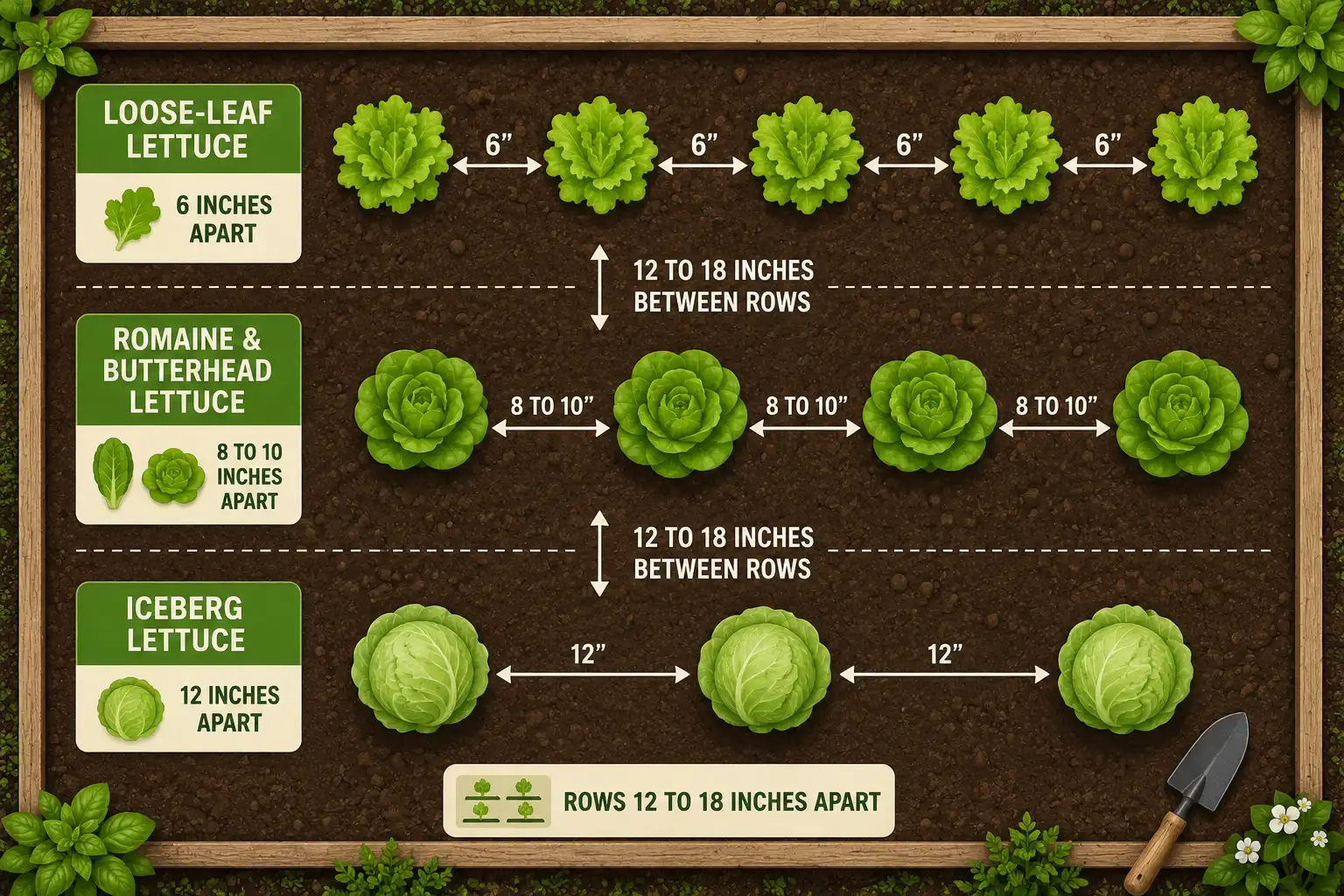 Spacing chart for lettuce transplants of 6 inches for loose-leaf, 8 to 10 for romaine and butterhead, and 12 inches for iceberg.