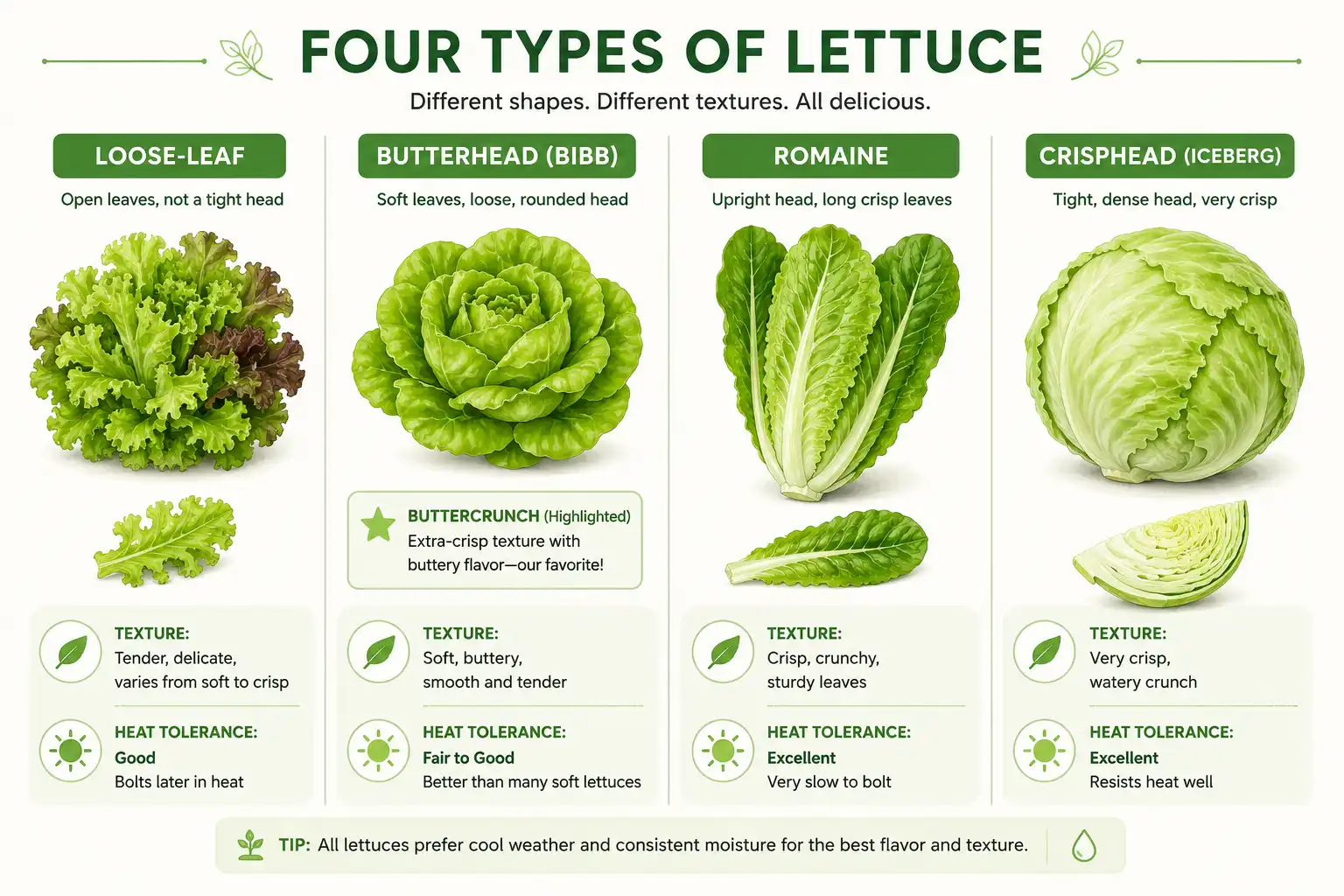 Comparison chart of lettuce types of buttercrunch as a butterhead next to romaine, crisphead, and loose-leaf