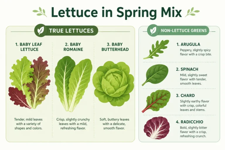 Infographic on the types of lettuce in spring mix: baby leaf, romaine, and butterhead, plus other greens