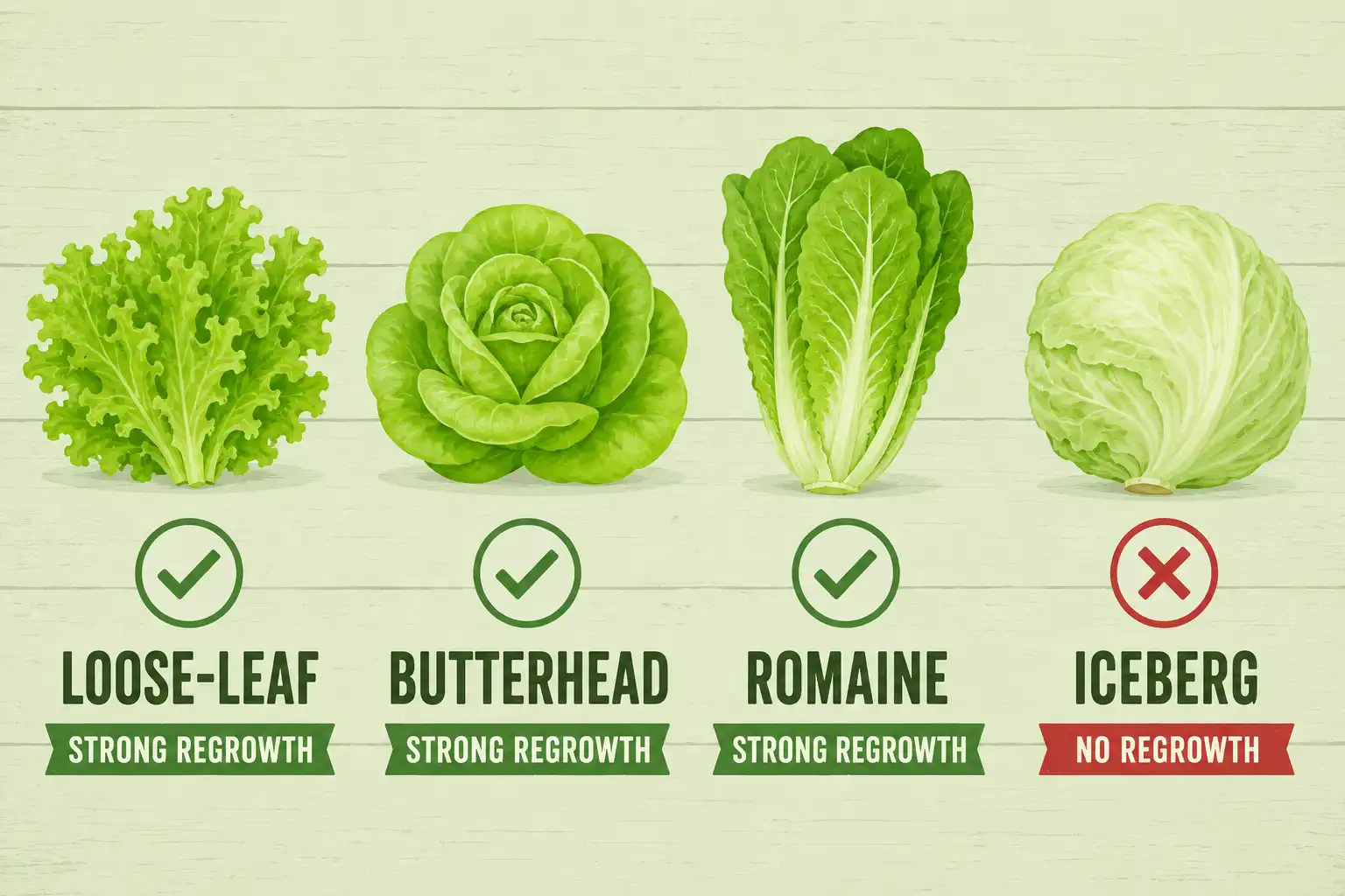 Comparison chart of loose-leaf, butterhead, and romaine lettuce grow back after cutting while iceberg does not