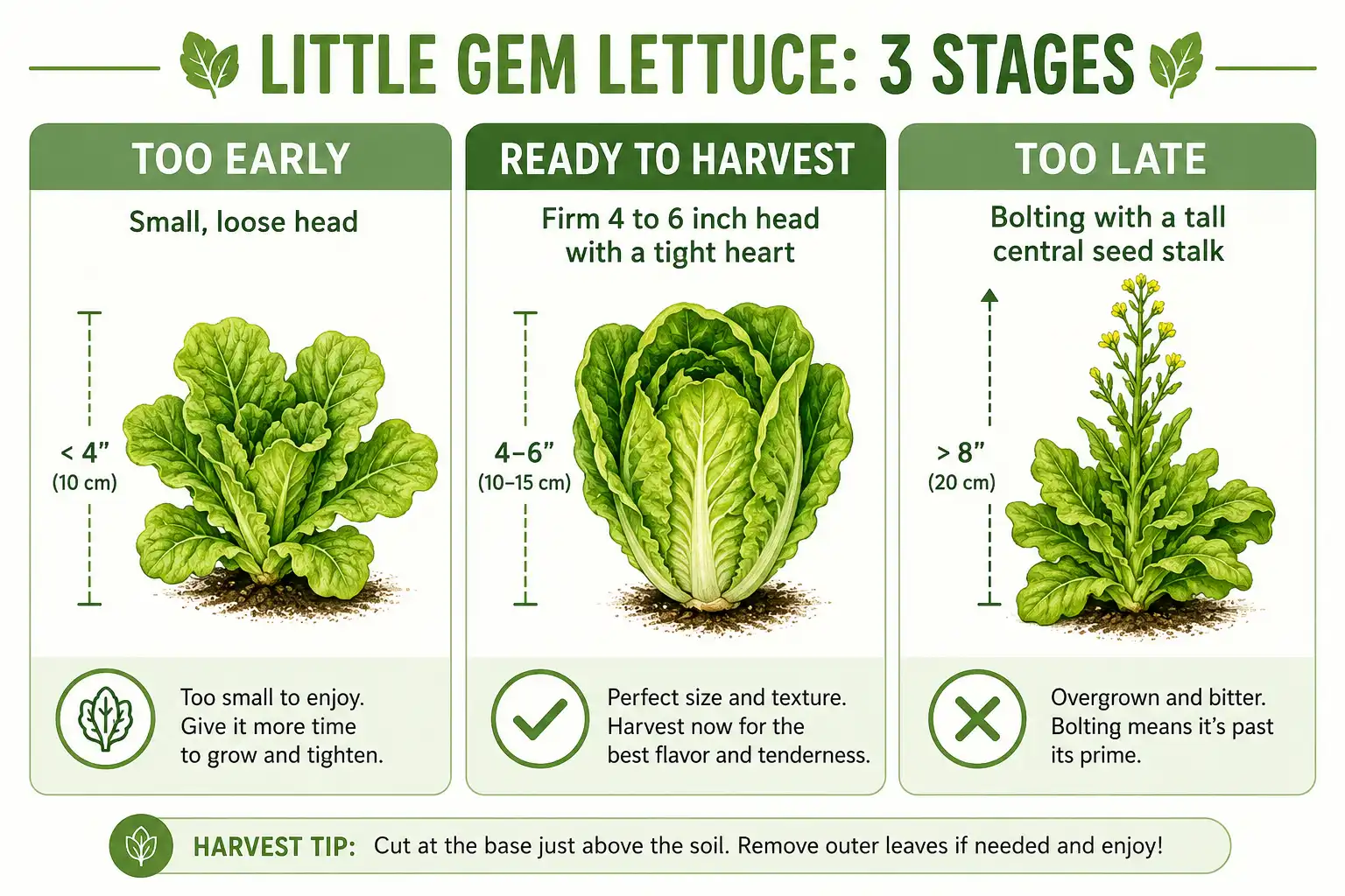 Comparison of Little Gem lettuce at three stages, too early, ready to harvest, and bolted with a seed stalk