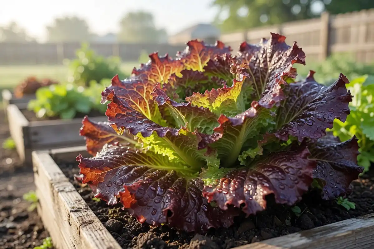 Deep red loose-leaf lettuce at harvest size in a raised bed, showing the color and leaf size that signal it is ready to pick