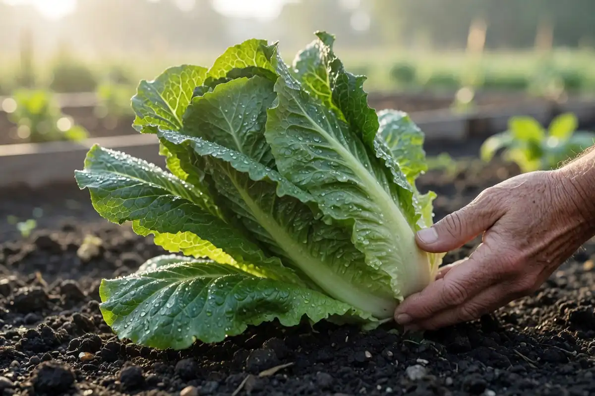 Mature romaine lettuce head standing firm and upright in garden soil, ready to harvest.