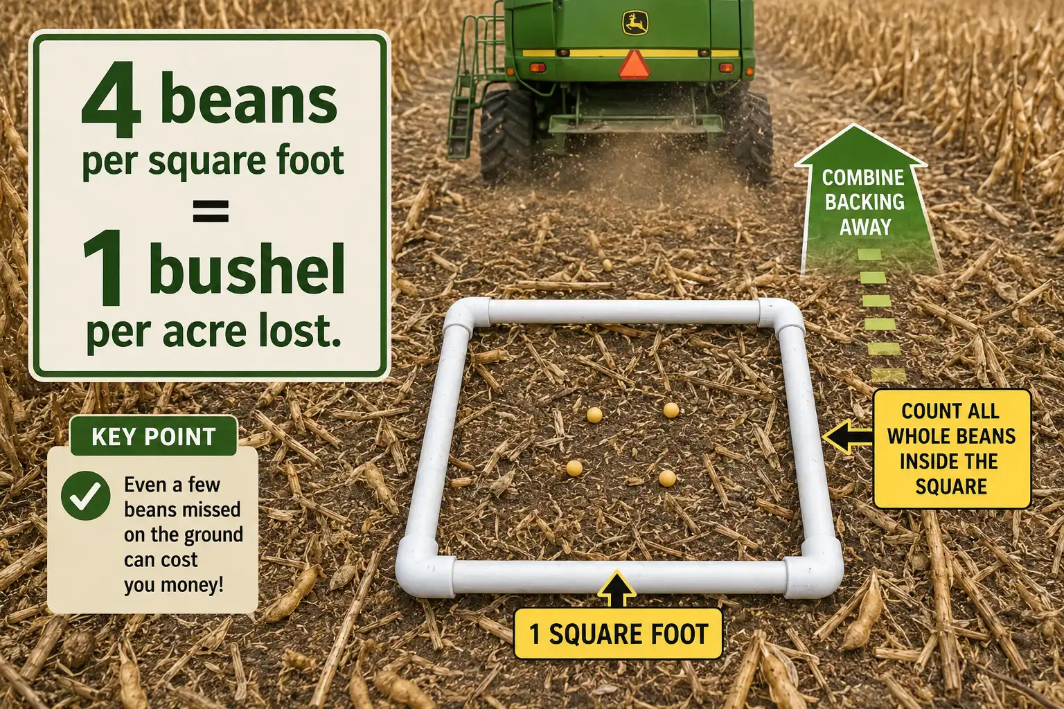 Measuring soybean header loss using a one-square-foot frame where four beans equal one bushel per acre lost